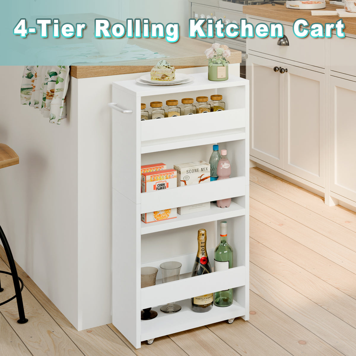 Teamix Slim Rolling Storage Cart 4-Tier, 5.5" Narrow Wood Organizer