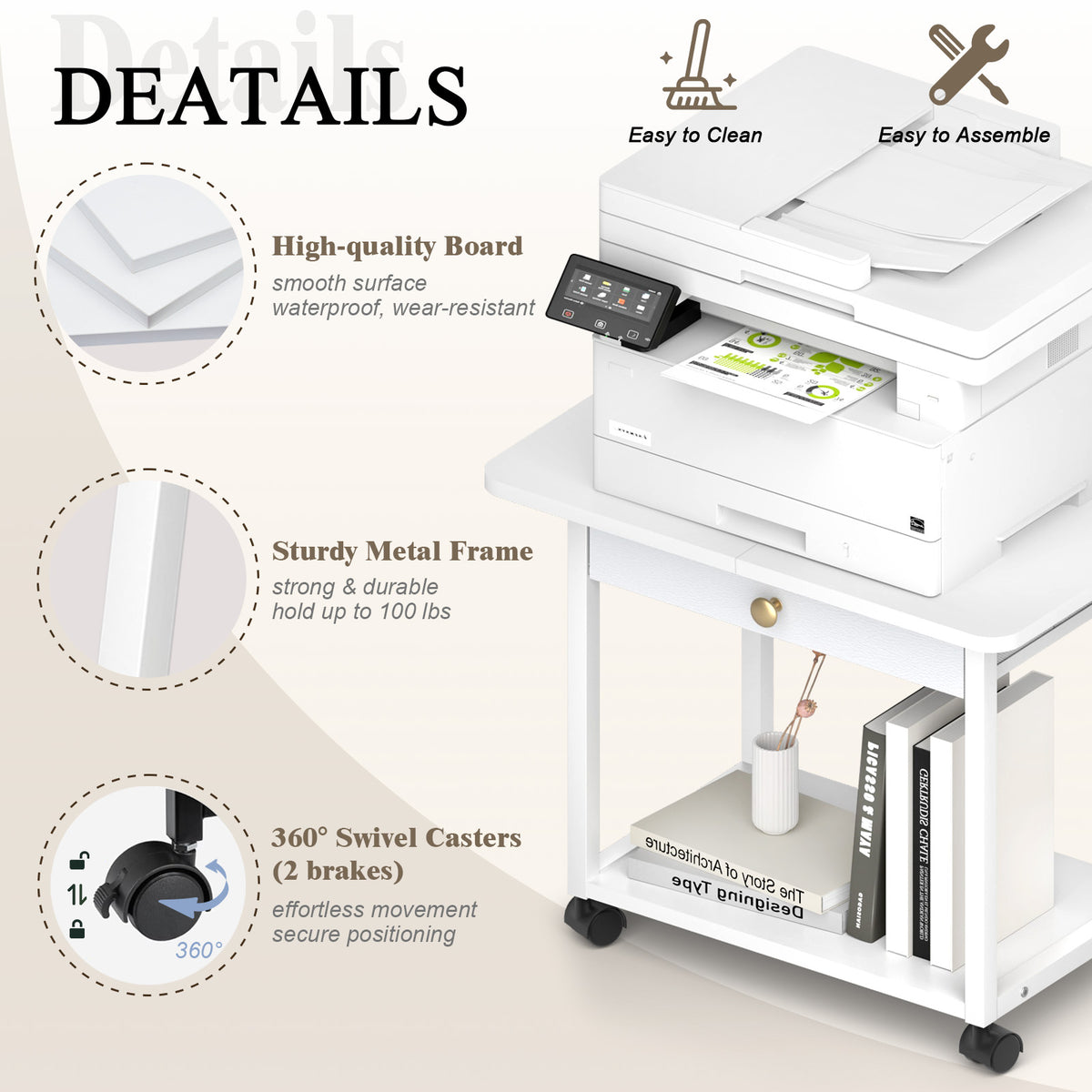 Teamix 2-Tier Rolling Printer Stand with Drawer, 22" Under Desk Printer Cart
