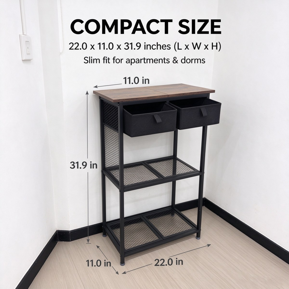 Shoe Rack for Entryway with 2 Fabric Drawers and Mesh Shelves, Slim Shoe Organizer with Wood Top for Hallway, Brown