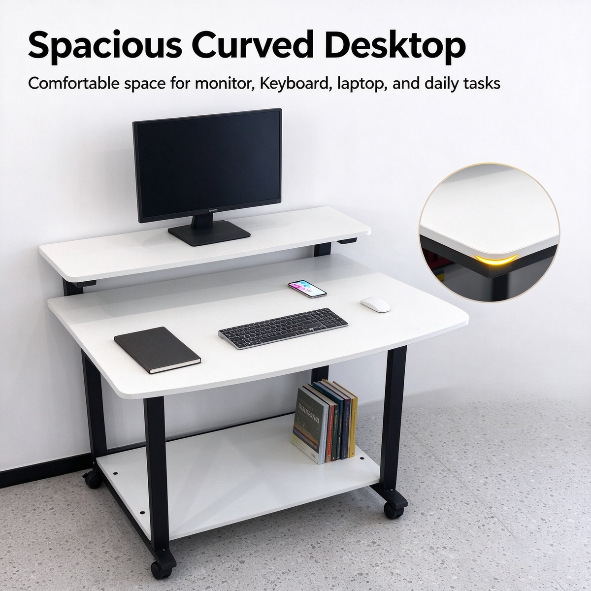 Rolling Computer Desk with 2-Tier Shelves, Home Office Desk with Wheels, Curved Writing Table for Bedroom Small Space, White