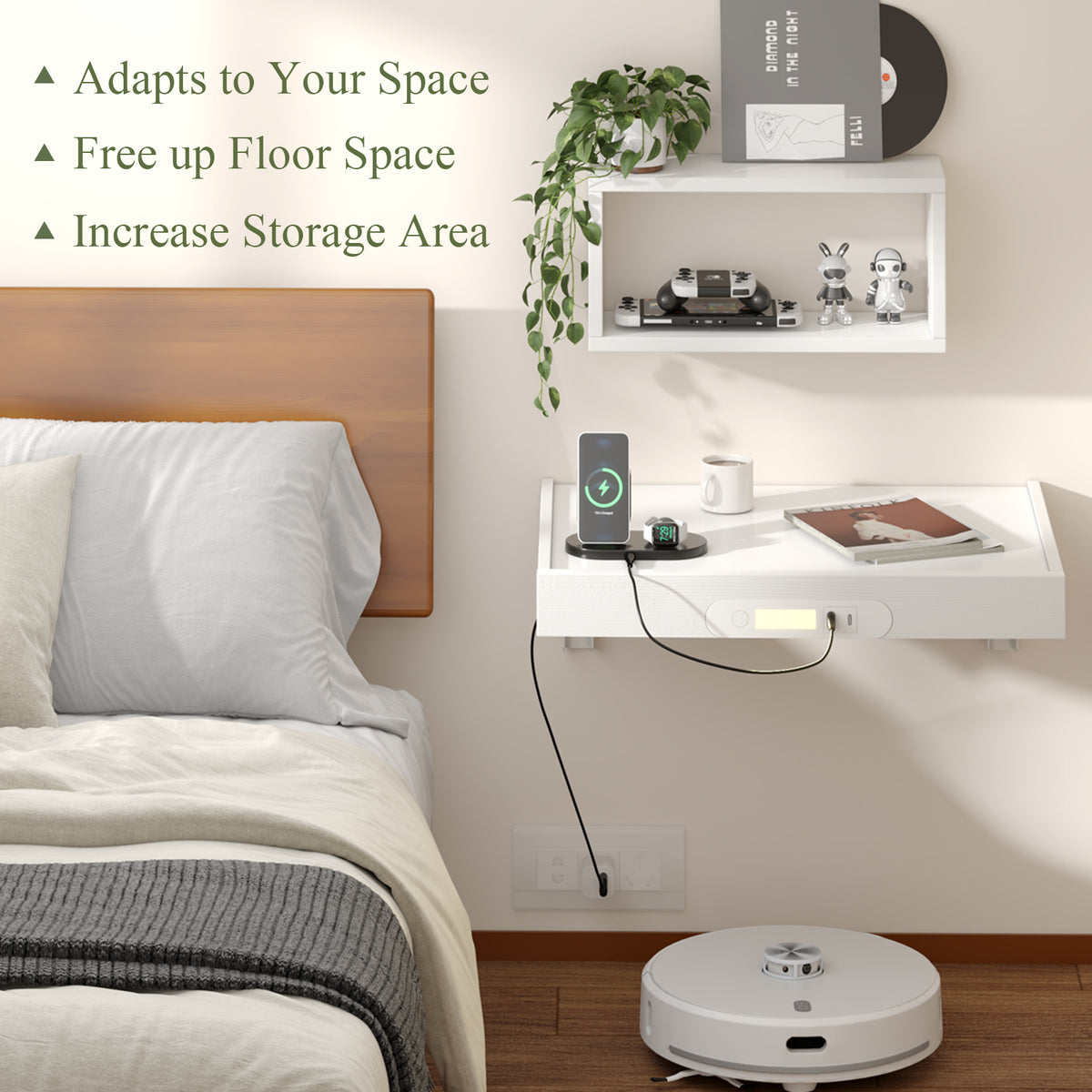 Teamix Wall Mounted Nightstand with USB-C & LED Light
