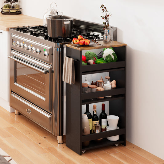 Slim Rolling Storage Cart, Wood 4-Tier Narrow Kitchen/Laundry Cart