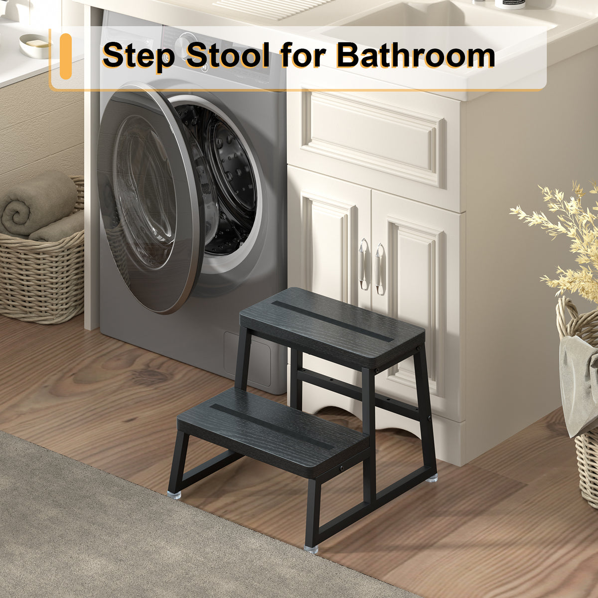 Teamix 2-Step Stool for Adults, 500 lb Heavy-Duty Wood Step Stool.