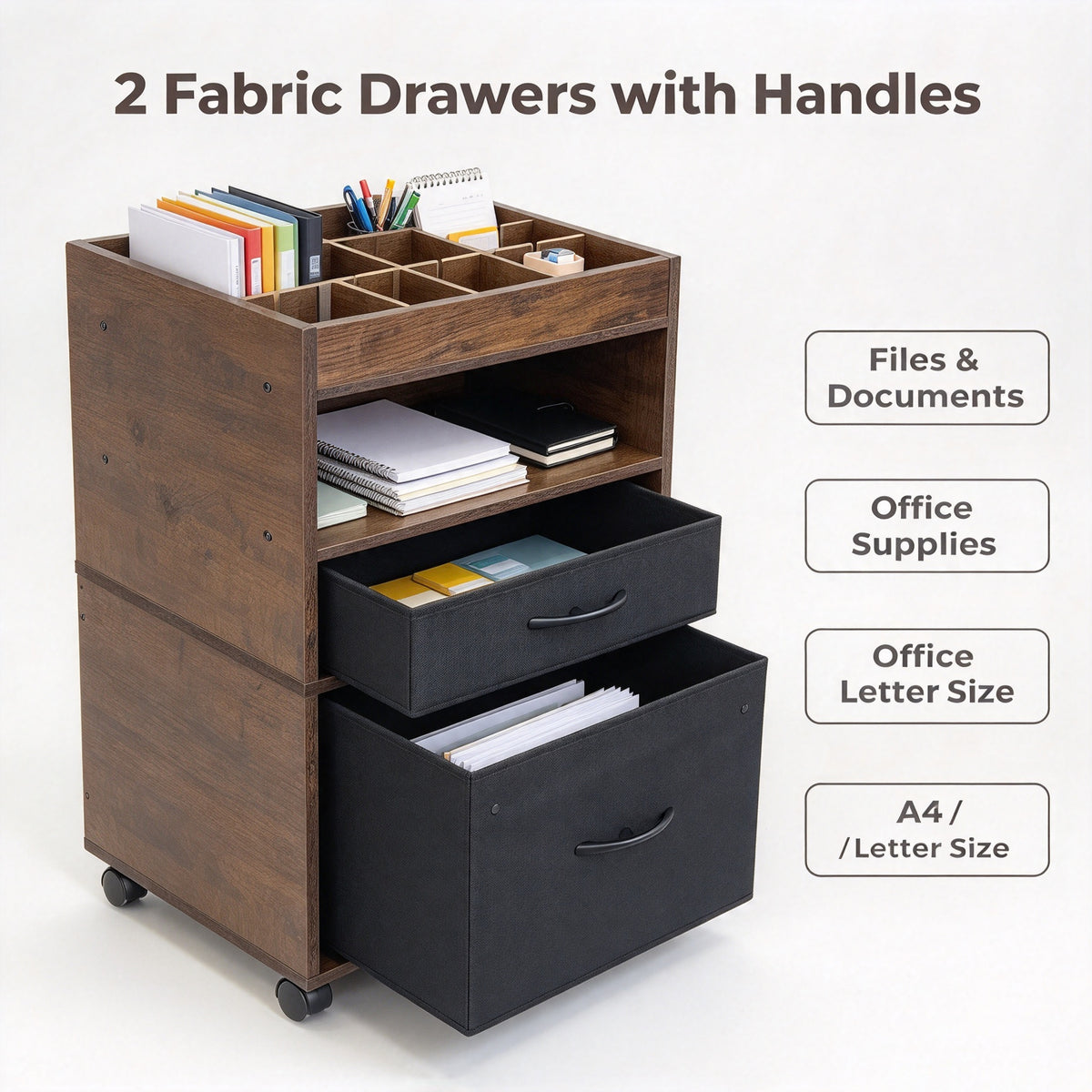 Rolling File Cabinet with 2 Drawers,1 Open Storage shelf, Rustic Brown