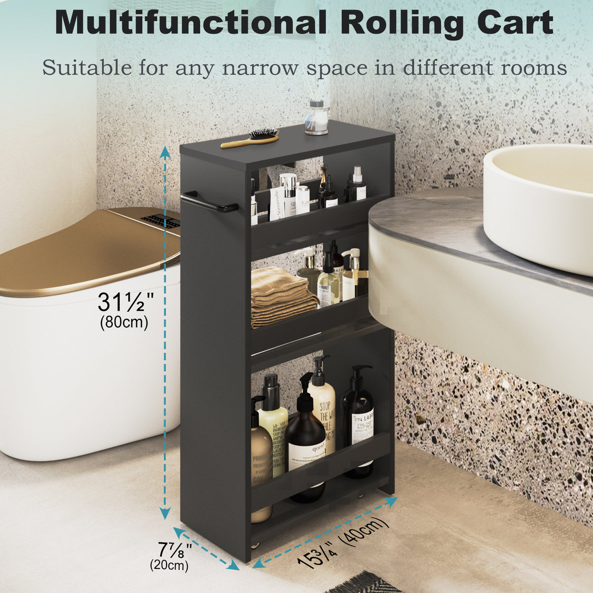 Slim Rolling Storage Cart, Wood 4-Tier Narrow Kitchen/Laundry Cart