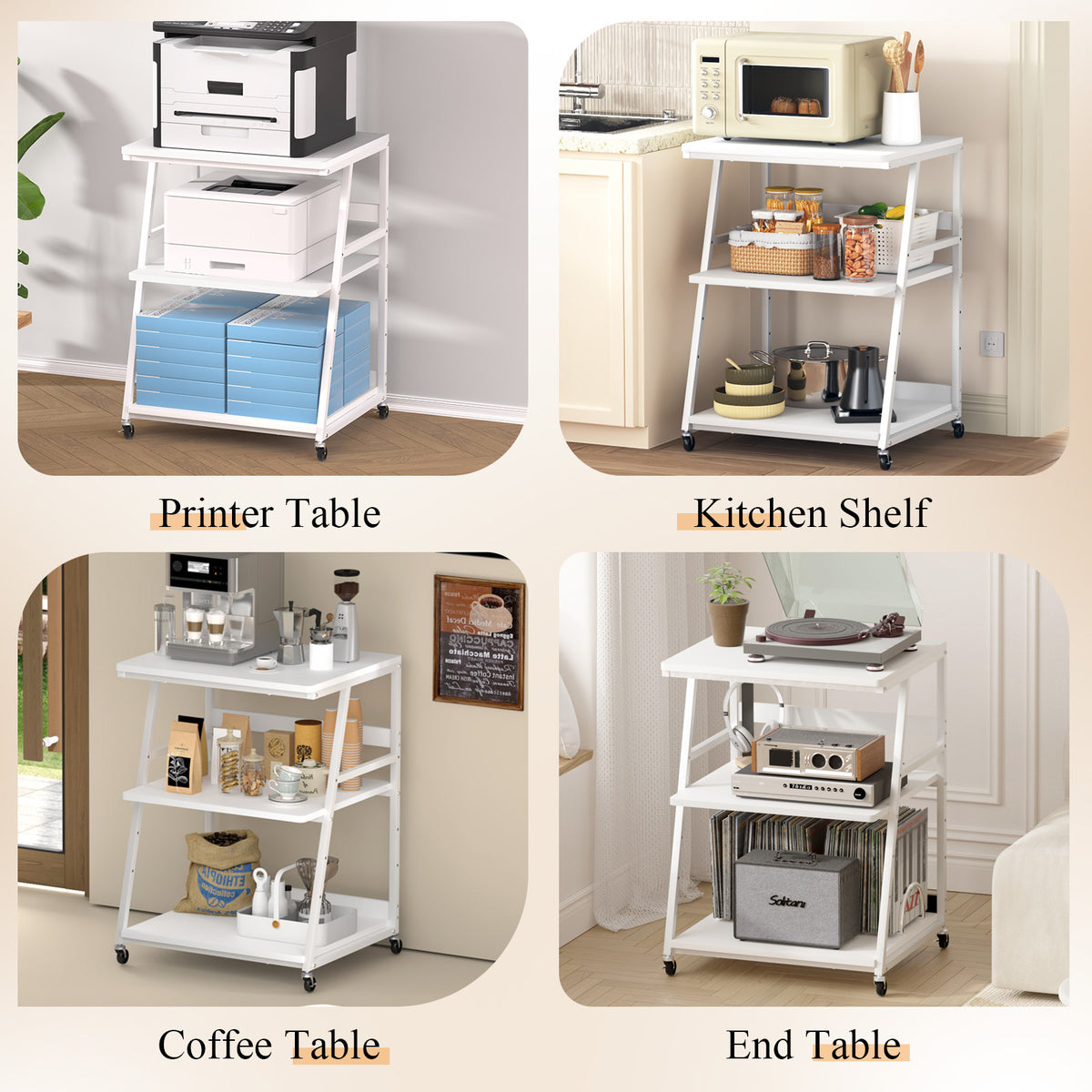 Teamix Rolling Printer Stand, 3-Tier Printer Cart with Adjustable Shelf