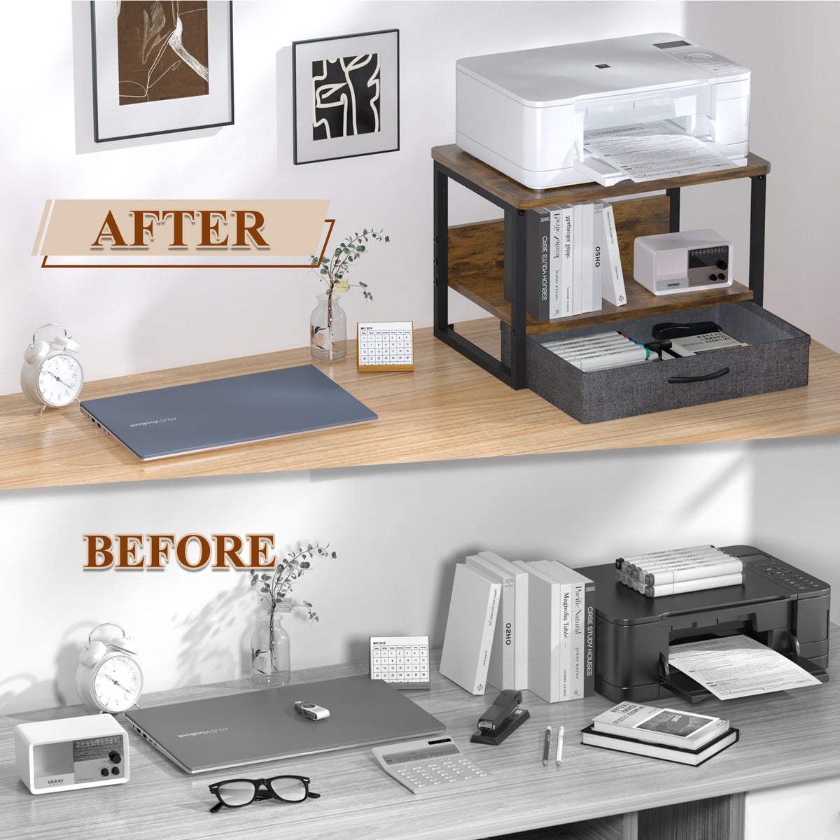 Teamix Printer Stand with Drawer, 2-Tier Desktop Printer Riser with Storage
