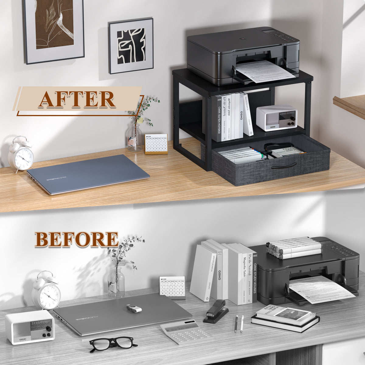 Teamix Printer Stand with Drawer, 2-Tier Desktop Printer Riser with Storage