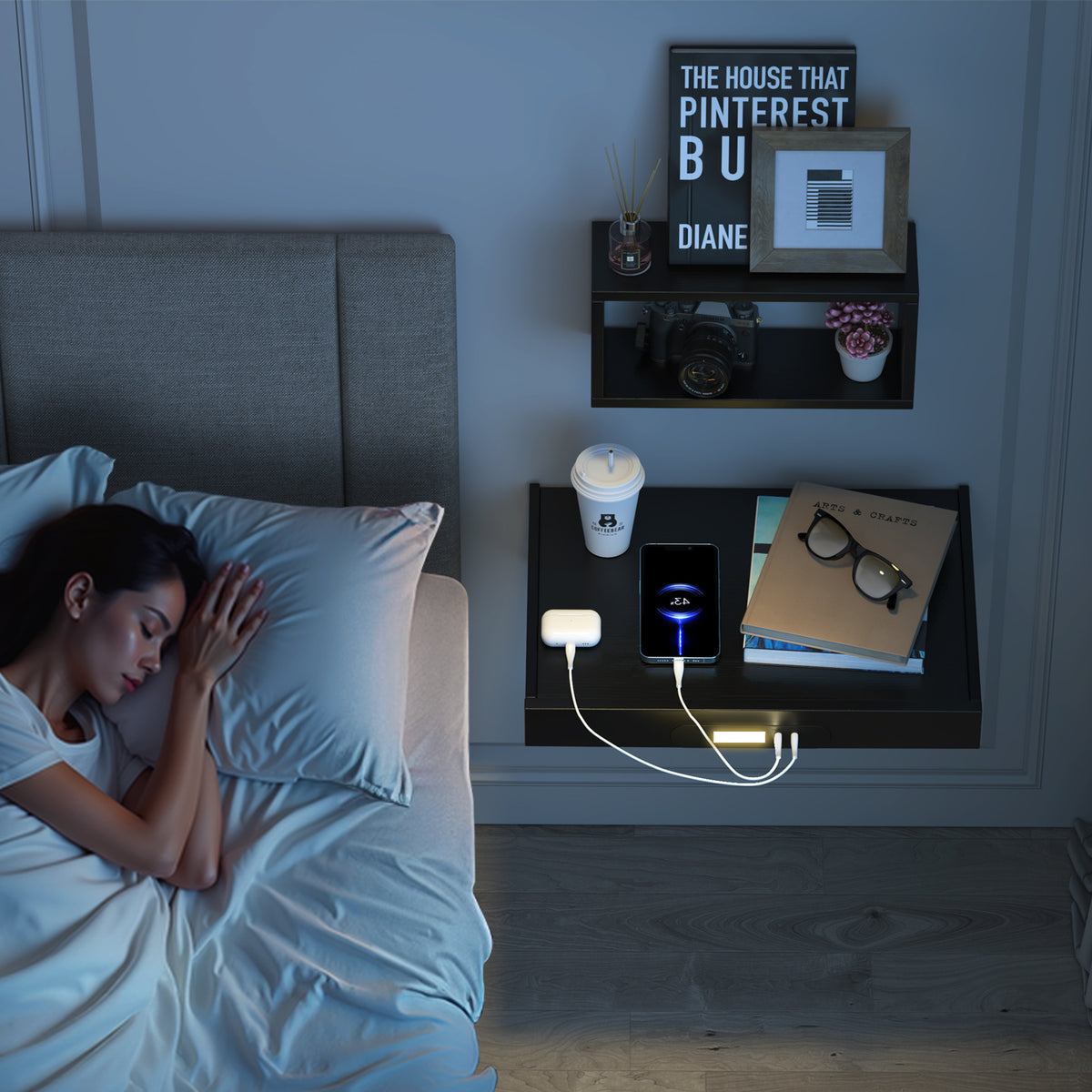 Teamix Wall Mounted Nightstand with USB-C & LED Light