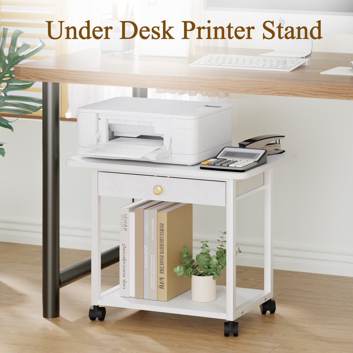 Teamix 2-Tier Rolling Printer Stand with Drawer, 22" Under Desk Printer Cart