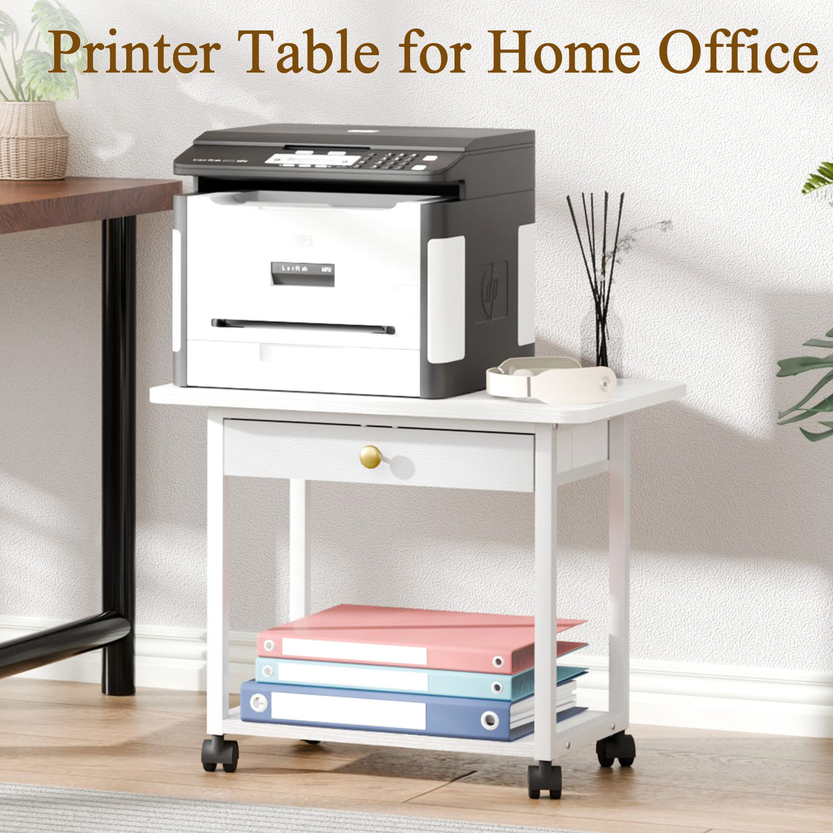 Teamix 2-Tier Rolling Printer Stand with Drawer, 22" Under Desk Printer Cart