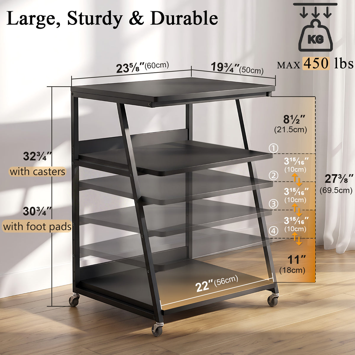 Teamix Rolling Printer Stand, 3-Tier Printer Cart with Adjustable Shelf