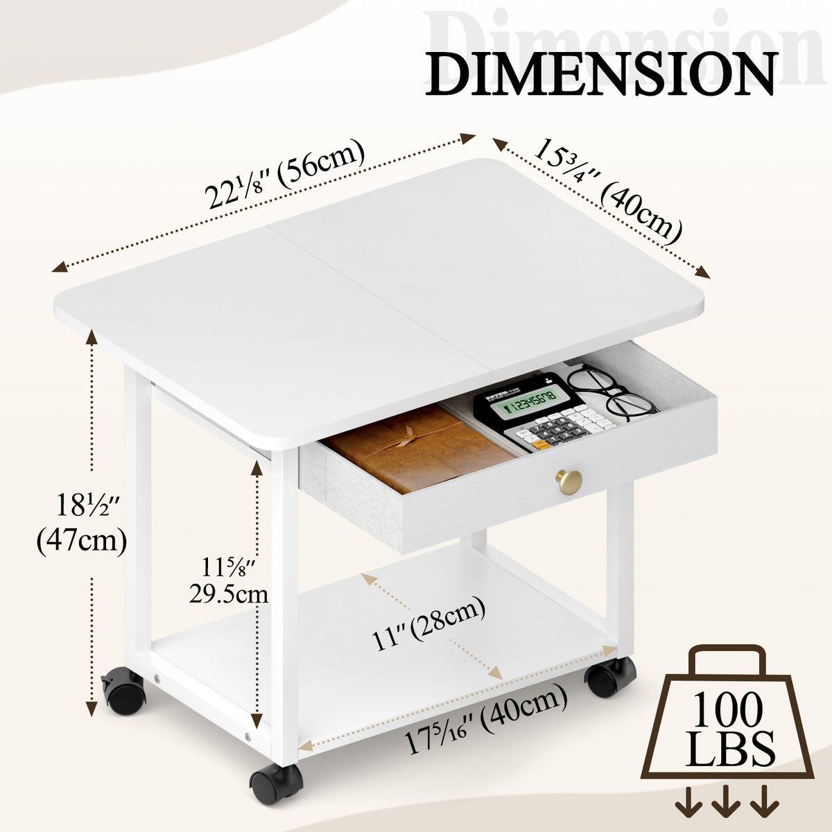 Teamix 2-Tier Rolling Printer Stand with Drawer, 22" Under Desk Printer Cart