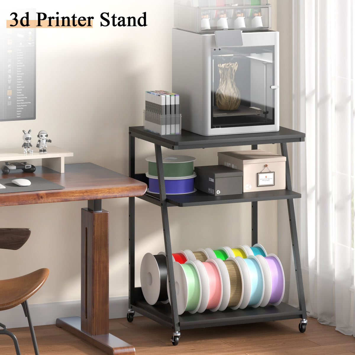 Teamix Rolling Printer Stand, 3-Tier Printer Cart with Adjustable Shelf