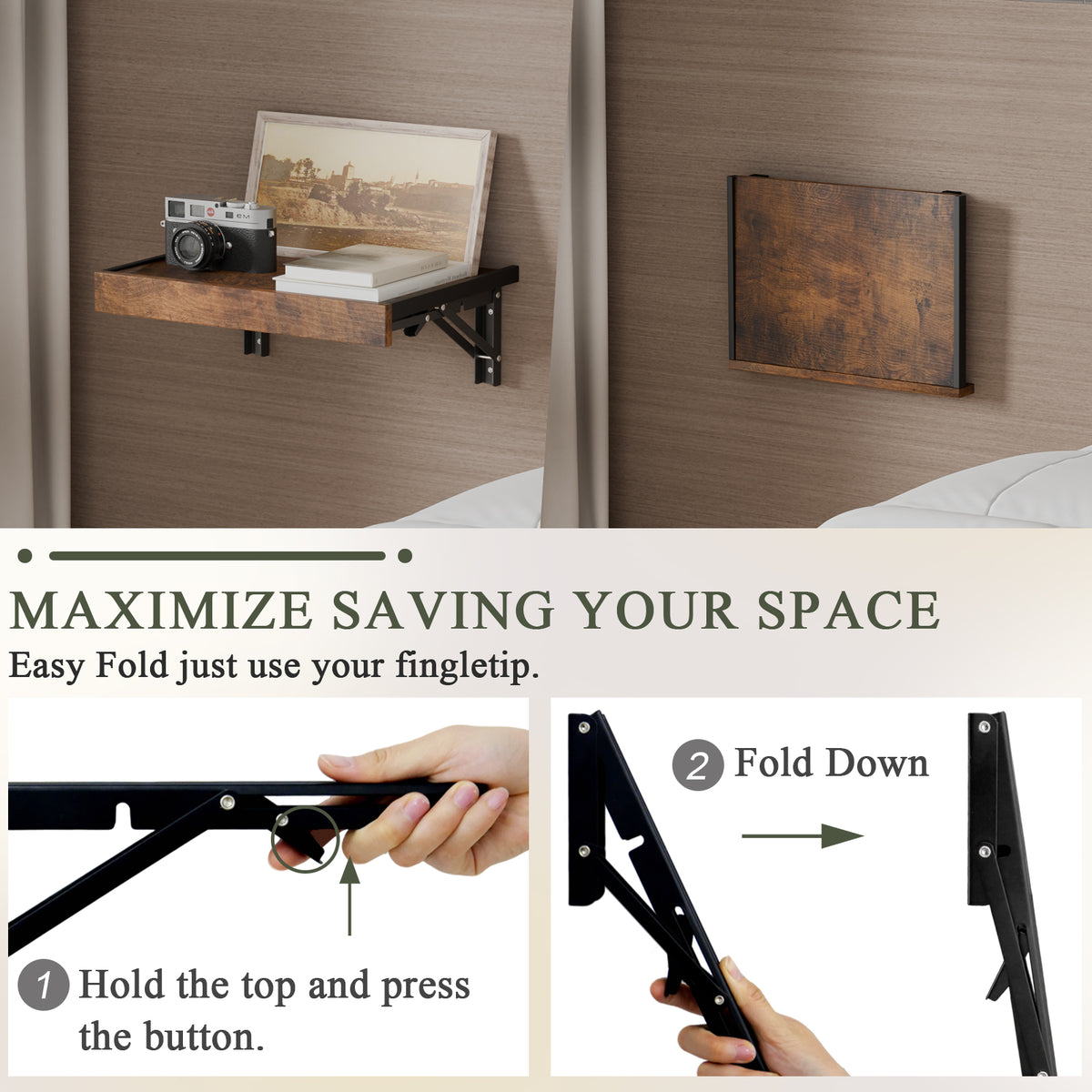 Teamix Wall Mounted Folding Bedside Shelf, 16.5" Floating Nightstand with Storage