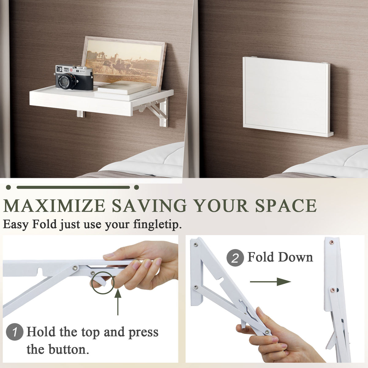 Teamix Wall Mounted Folding Bedside Shelf, 16.5" Floating Nightstand with Storage