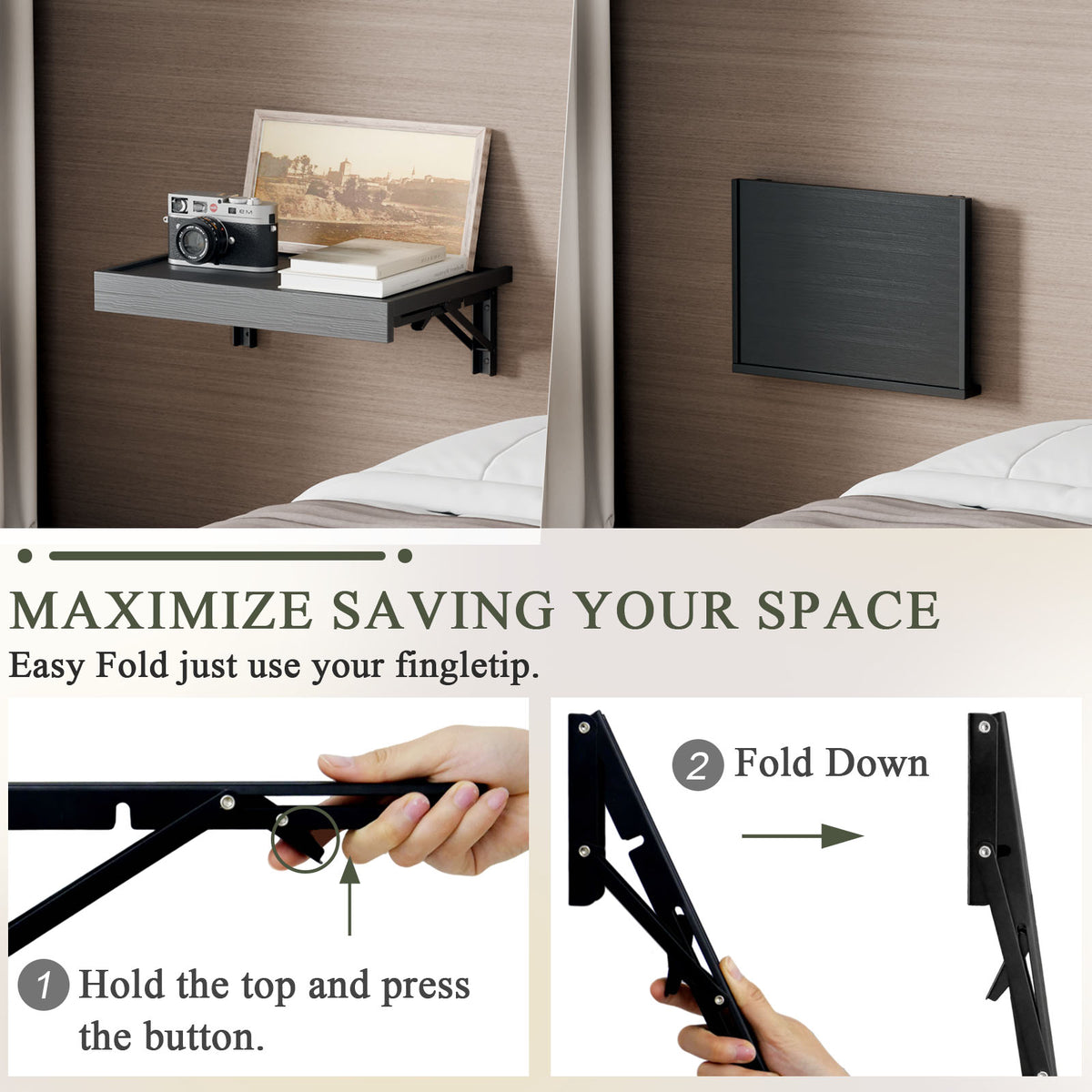 Teamix Wall Mounted Folding Bedside Shelf, 16.5" Floating Nightstand with Storage