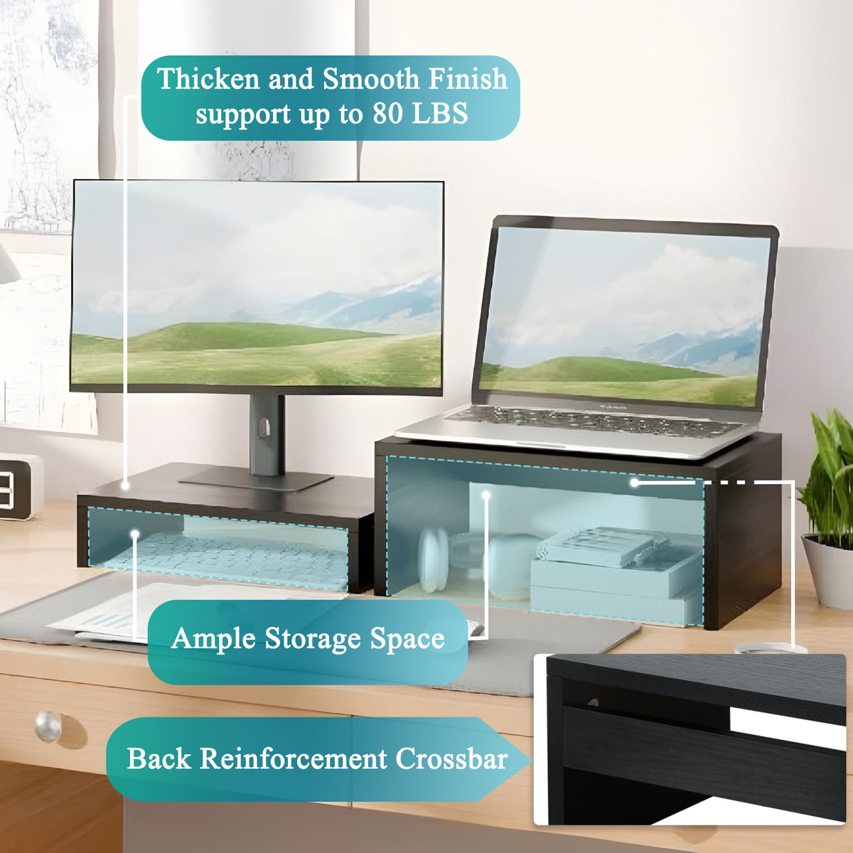 Teamix 2-Pack Monitor Stand Risers for Dual Organizer, 80 lb Capacity