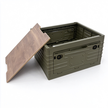 Folding Storage Box with Wooden Lid, 2-in-1 Outdoor Camping Table, Collapsible Bin for Car Trunk, Picnic, Olive Green