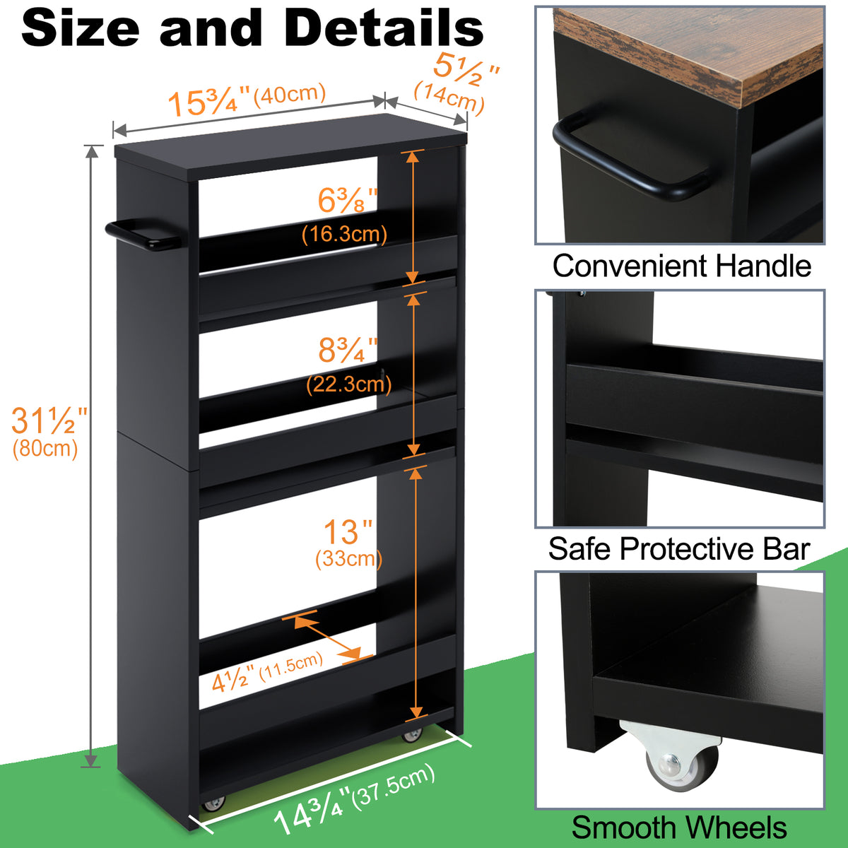 Teamix Slim Rolling Storage Cart 4-Tier, 5.5" Narrow Wood Organizer