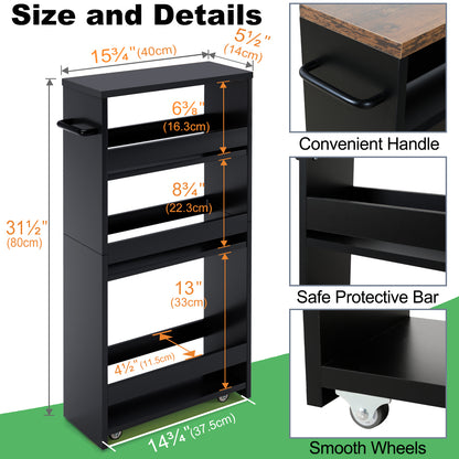 Teamix Slim Rolling Storage Cart 4-Tier, 5.5" Narrow Wood Organizer