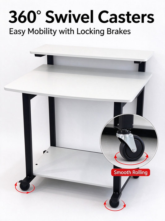 Rolling Computer Desk with 2-Tier Shelves, Home Office Desk with Wheels, Curved Writing Table for Bedroom Small Space, White