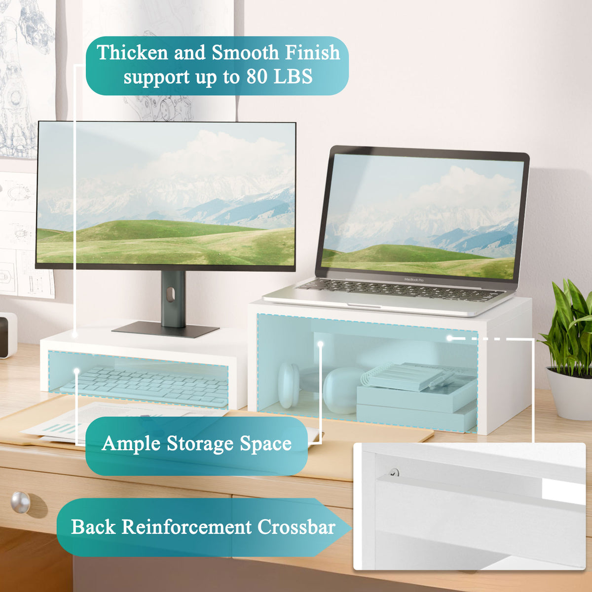 Teamix 2-Pack Monitor Stand Risers for Dual Organizer, 80 lb Capacity