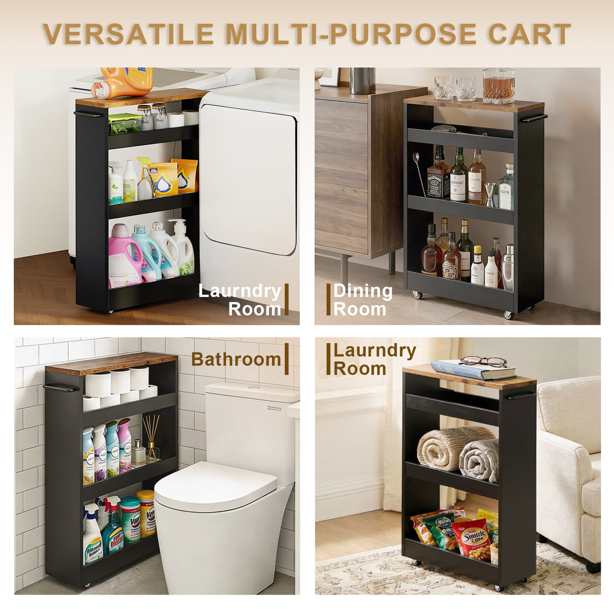 Wood 4-Tier Slim Rolling Storage Cart, 7.9"W, 24.8"D, 36.7"H