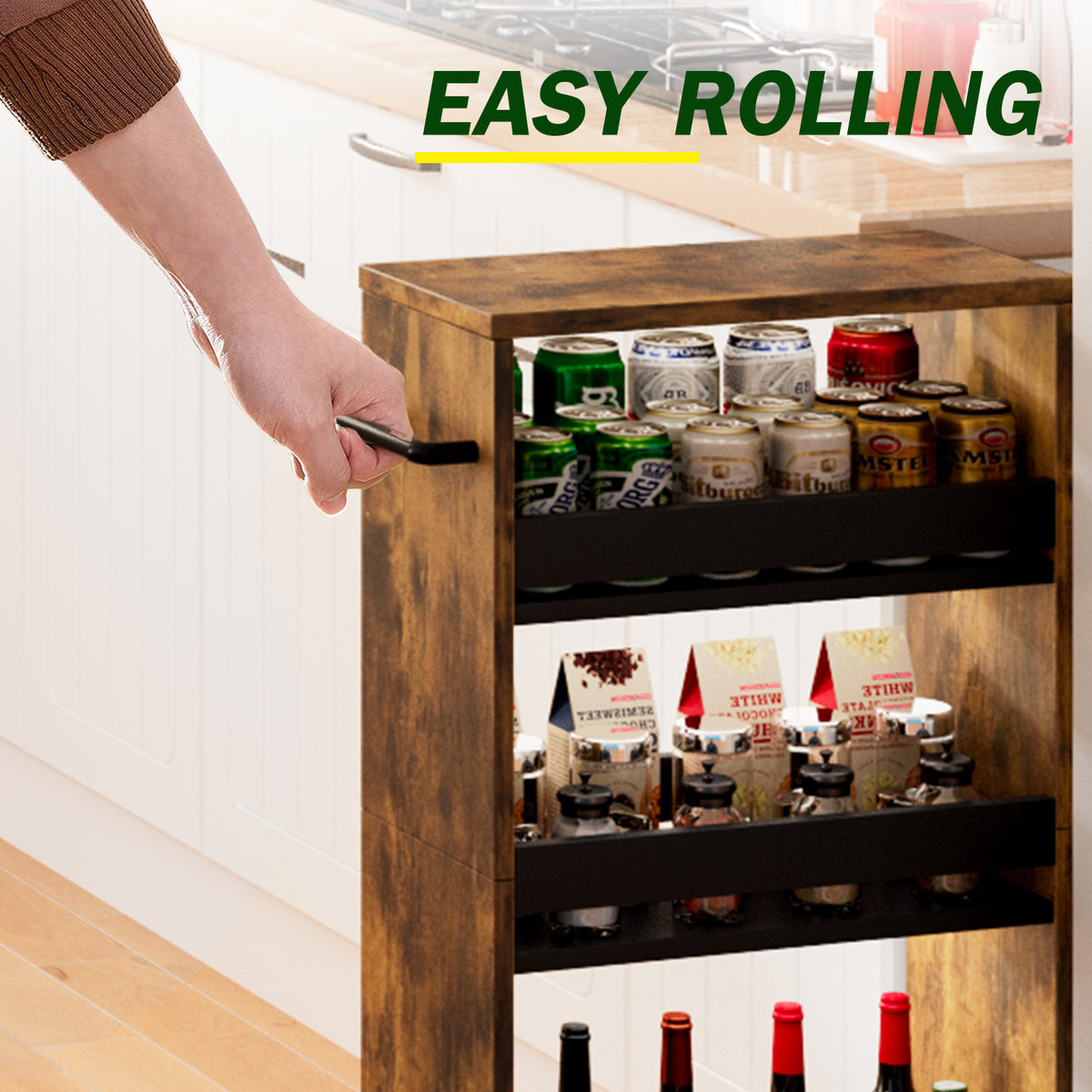 Slim Rolling Storage Cart, Wood 4-Tier Narrow Kitchen/Laundry Cart