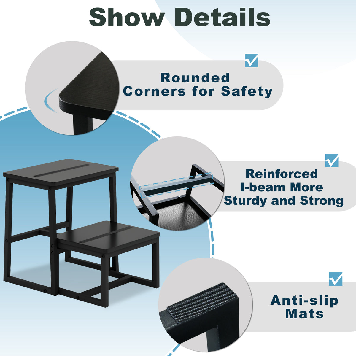 Teamix 2 Step Stool for Adults, 500 lb Heavy Duty Wooden Bedside Step Stool