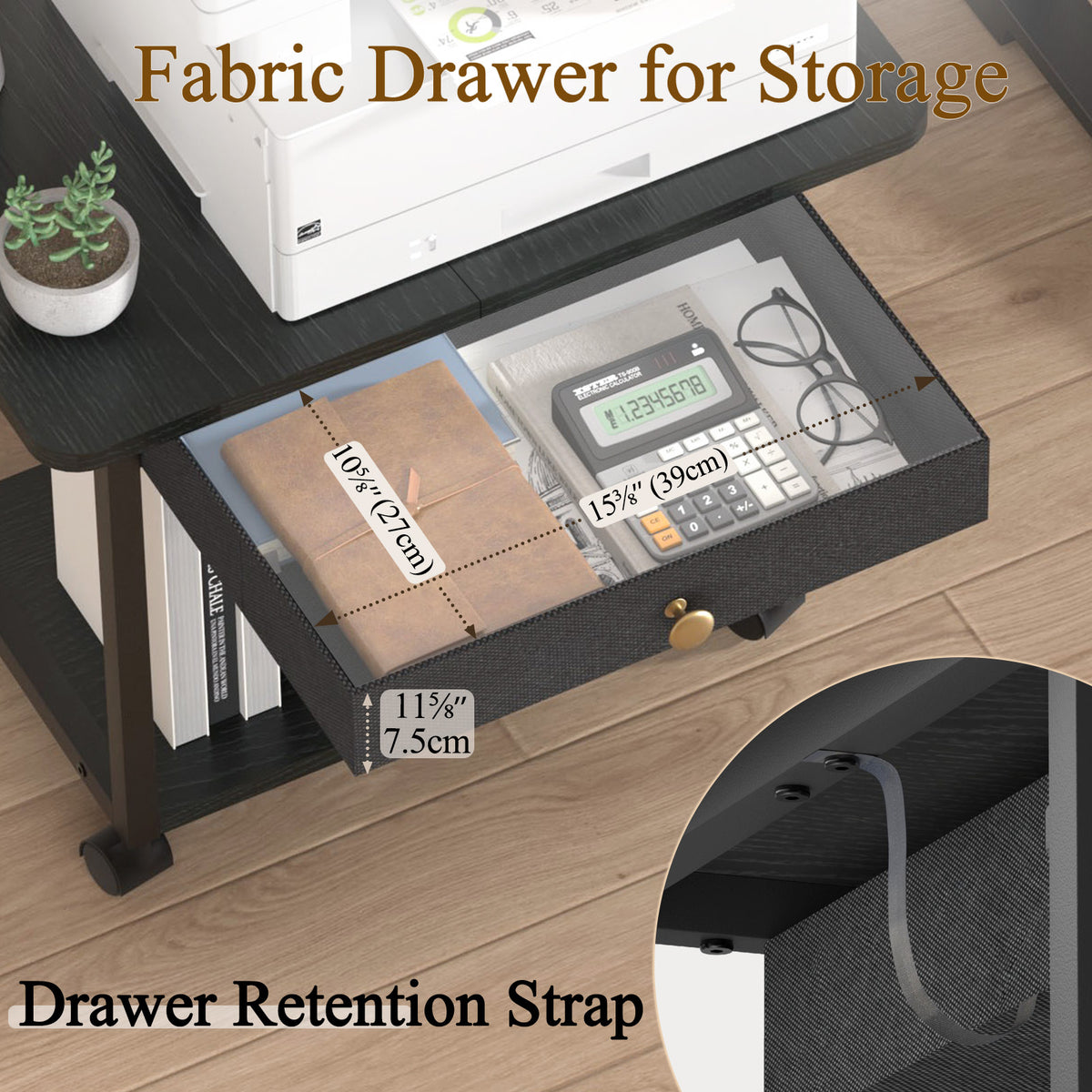 Teamix 2-Tier Rolling Printer Stand with Drawer, 22" Under Desk Printer Cart