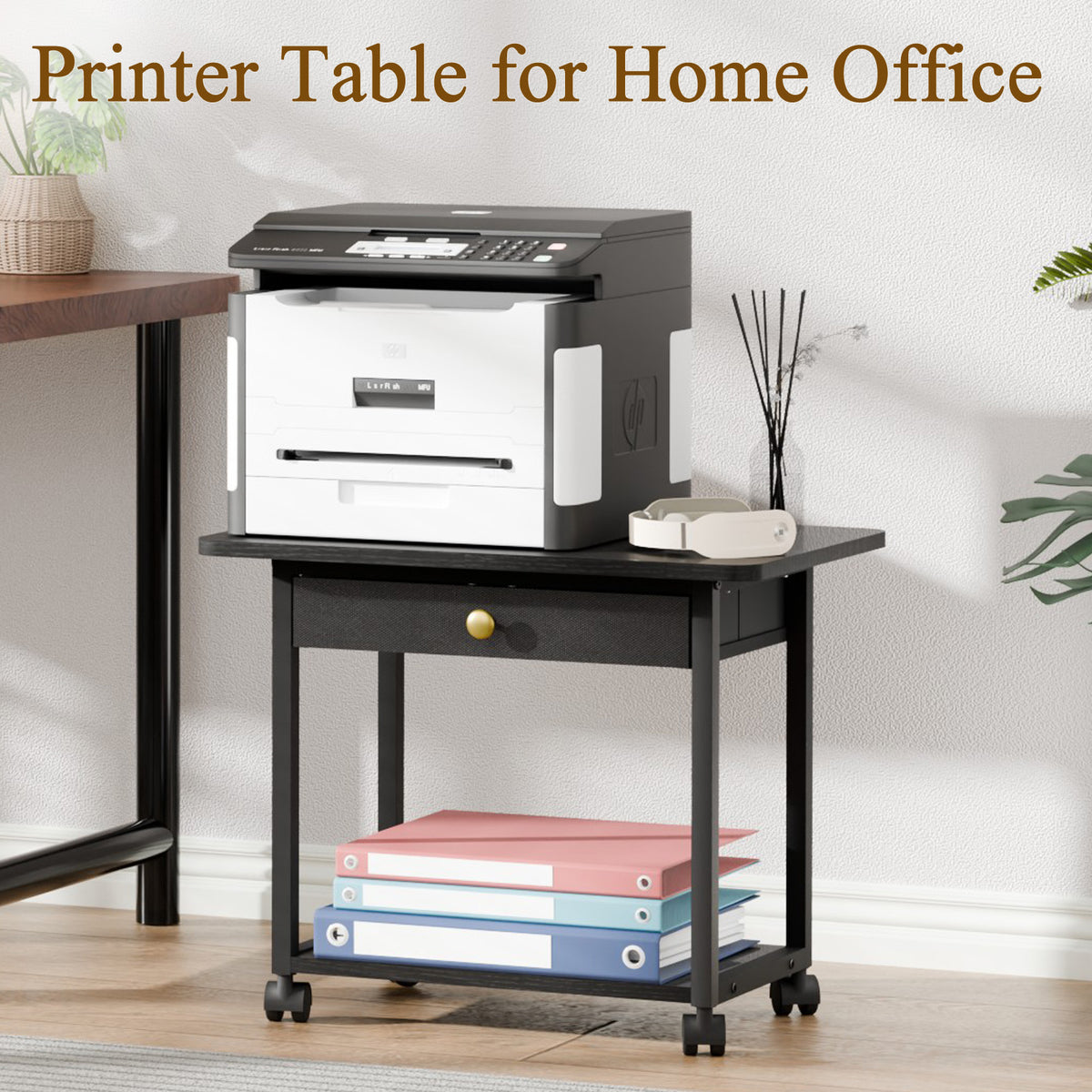 Teamix 2-Tier Rolling Printer Stand with Drawer, 22" Under Desk Printer Cart