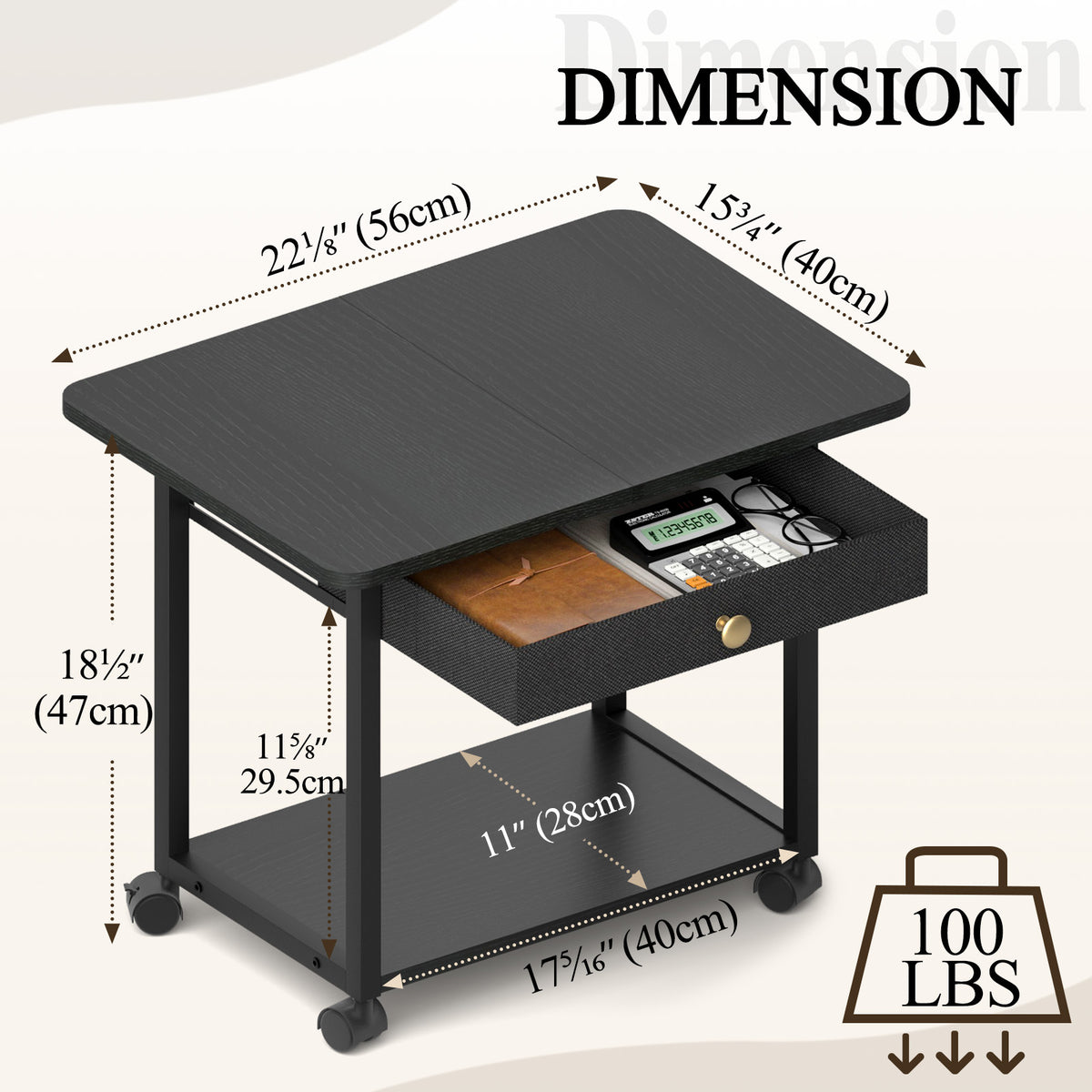 Teamix 2-Tier Rolling Printer Stand with Drawer, 22" Under Desk Printer Cart