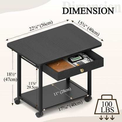 Teamix 2-Tier Rolling Printer Stand with Drawer, 22" Under Desk Printer Cart