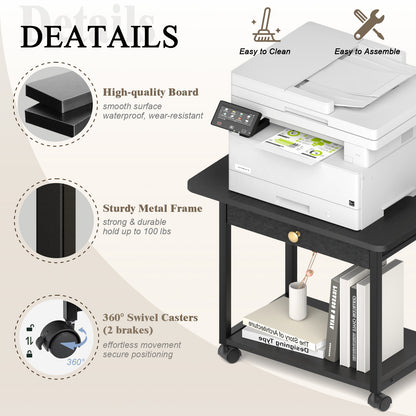 Teamix 2-Tier Rolling Printer Stand with Drawer, 22" Under Desk Printer Cart