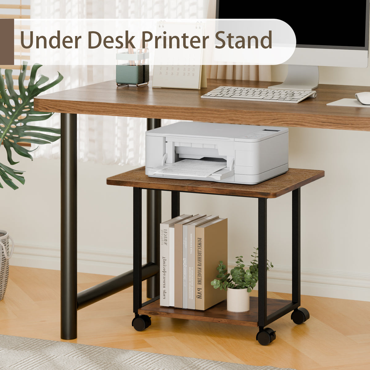 Teamix Rolling Printer Stand, 22" Under Desk Printer Cart with Storage