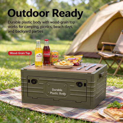 Folding Storage Box with Wooden Lid, 2-in-1 Outdoor Camping Table, Collapsible Bin for Car Trunk, Picnic, Olive Green
