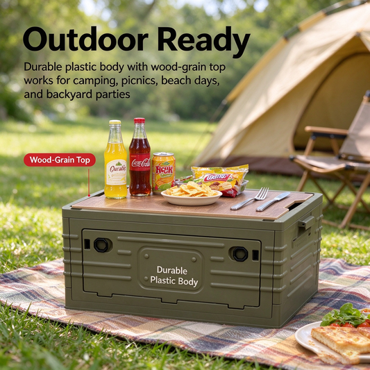 Folding Storage Box with Wooden Lid, 2-in-1 Outdoor Camping Table, Collapsible Bin for Car Trunk, Picnic, Olive Green