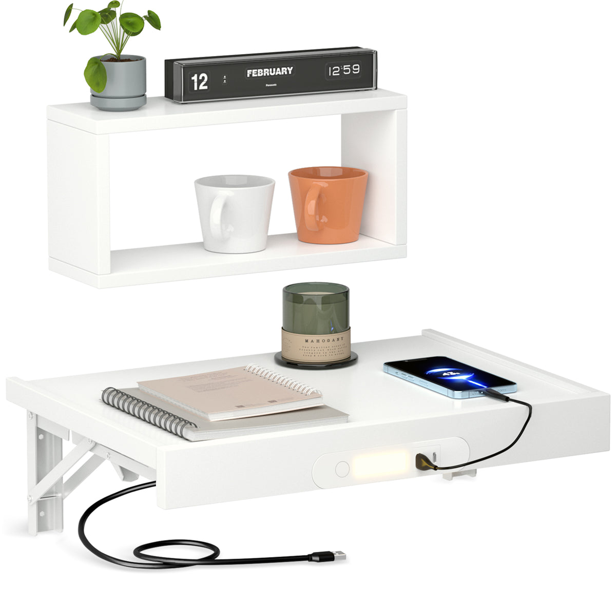 Teamix Wall Mounted Nightstand with USB-C & LED Light