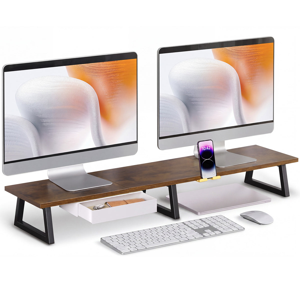Teamix 39.4" Dual Monitor Stand Riser with Drawer & Phone Holder