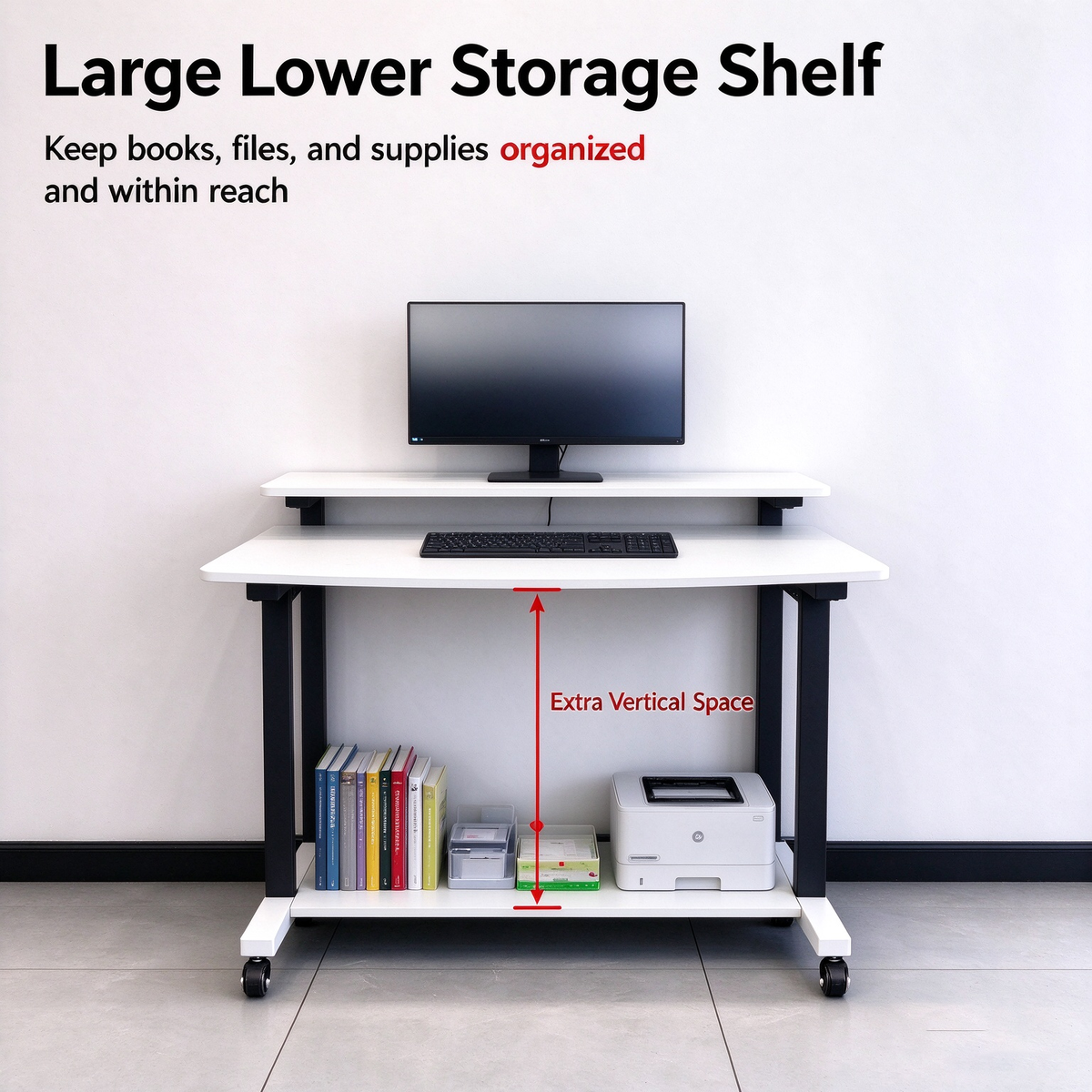 Rolling Computer Desk with 2-Tier Shelves, Home Office Desk with Wheels, Curved Writing Table for Bedroom Small Space, White