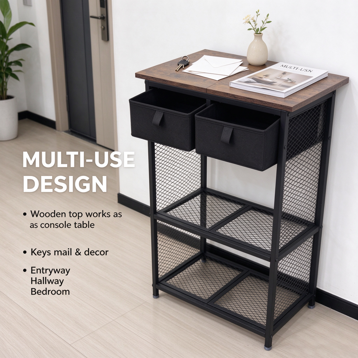 Shoe Rack for Entryway with 2 Fabric Drawers and Mesh Shelves, Slim Shoe Organizer with Wood Top for Hallway, Brown