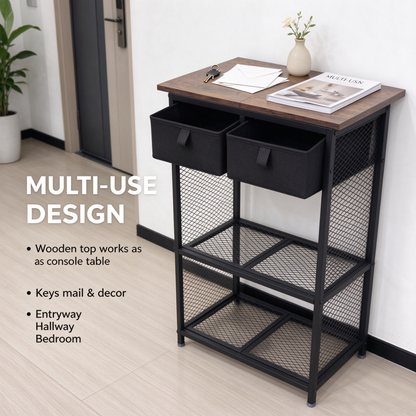 Shoe Rack for Entryway with 2 Fabric Drawers and Mesh Shelves, Slim Shoe Organizer with Wood Top for Hallway, Brown