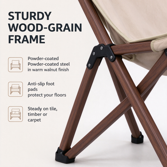 Folding Accent Chair, Cotton-Linen Canvas Sling Chair with Wood-Grain Frame, No Assembly Foldable for Living Room Bedroom, Beige