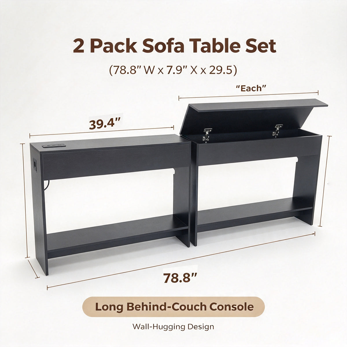 TEAMIX 78.8-inch Wood Sofa Table 2-Pack with Built-in Power (Black, 78.8" W x 7.9" D x 29.5" H (Combined))