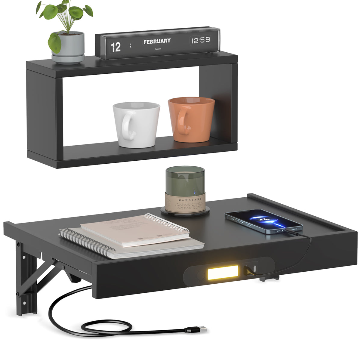 Teamix Wall Mounted Nightstand with USB-C & LED Light