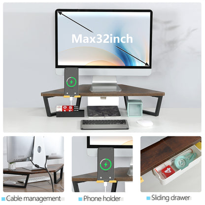 Teamix 26" Corner Monitor Stand Riser with Drawer & Phone Holder
