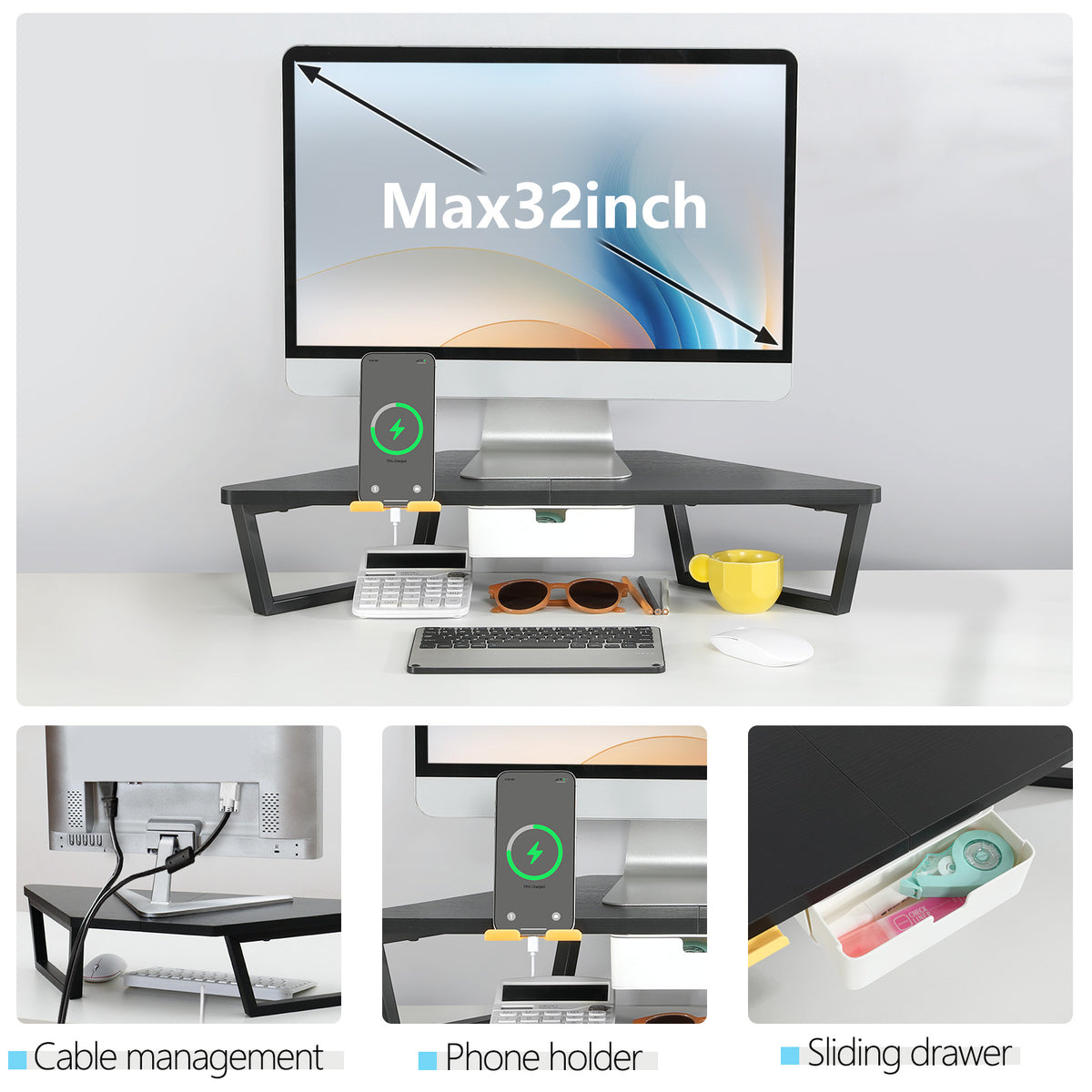 Teamix 26" Corner Monitor Stand Riser with Drawer & Phone Holder