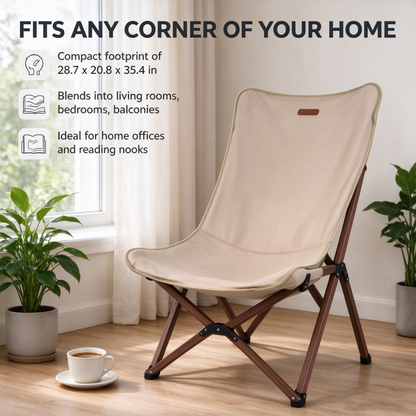 Folding Accent Chair, Cotton-Linen Canvas Sling Chair with Wood-Grain Frame, No Assembly Foldable for Living Room Bedroom, Beige