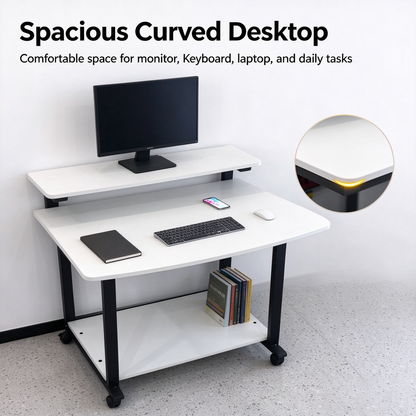 Rolling Computer Desk with 2-Tier Shelves, Home Office Desk with Wheels, Curved Writing Table for Bedroom Small Space, White